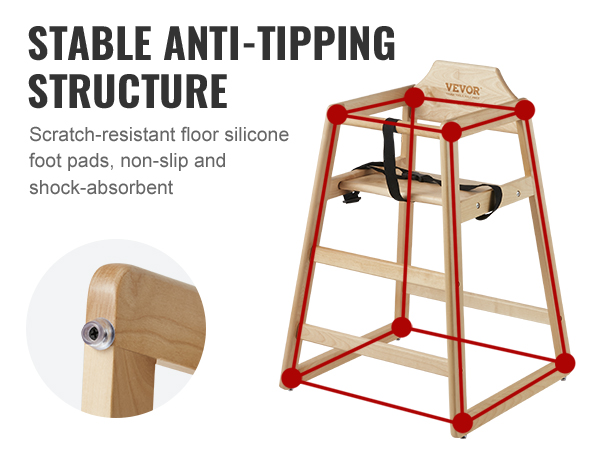 VEVOR wooden high chair with anti-tipping design, silicone foot pads, and secure harness.