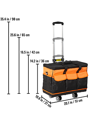 black and orange VEVOR tool bag with dimensions and a retractable handle.