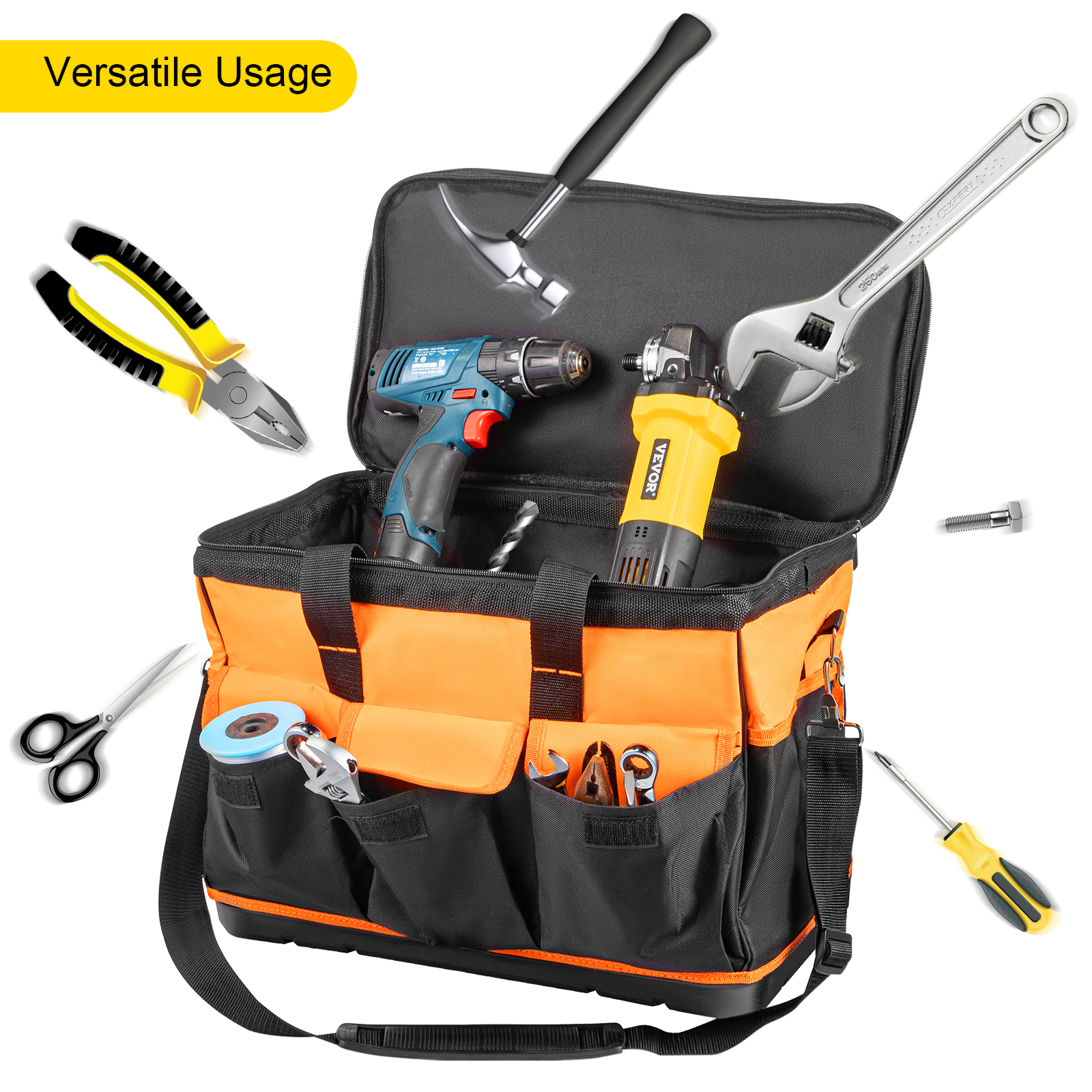 VEVOR tool bag featuring tools like drill, grinder, wrench, pliers, and hammer.