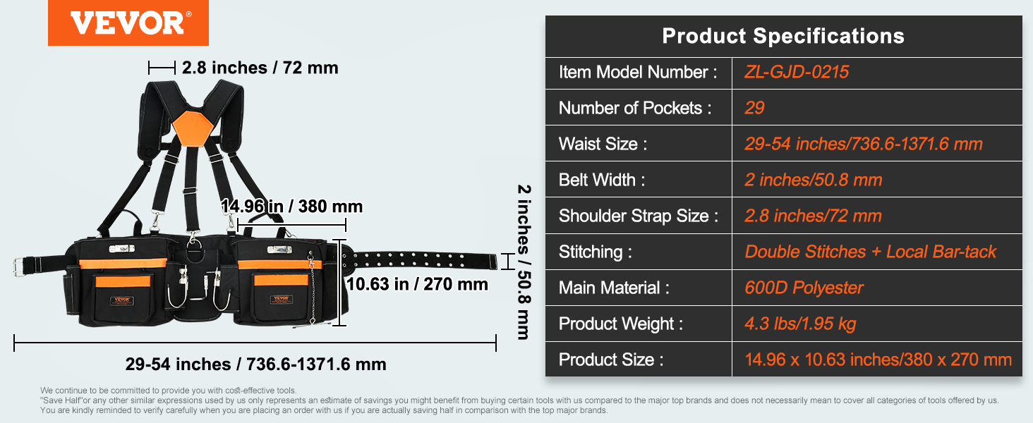 VEVOR tool belt with 29 pockets, adjustable waist size 29-54 inches, shoulder strap, and sturdy 600d polyester.