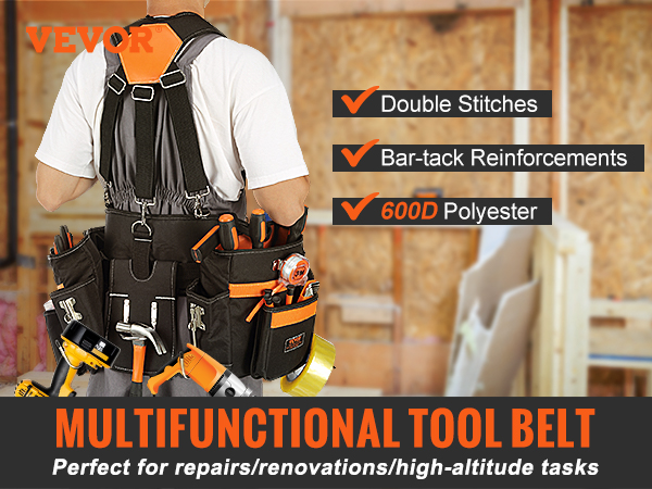 VEVOR tool belt with double stitches and bar-tack reinforcements for repairs and renovations.