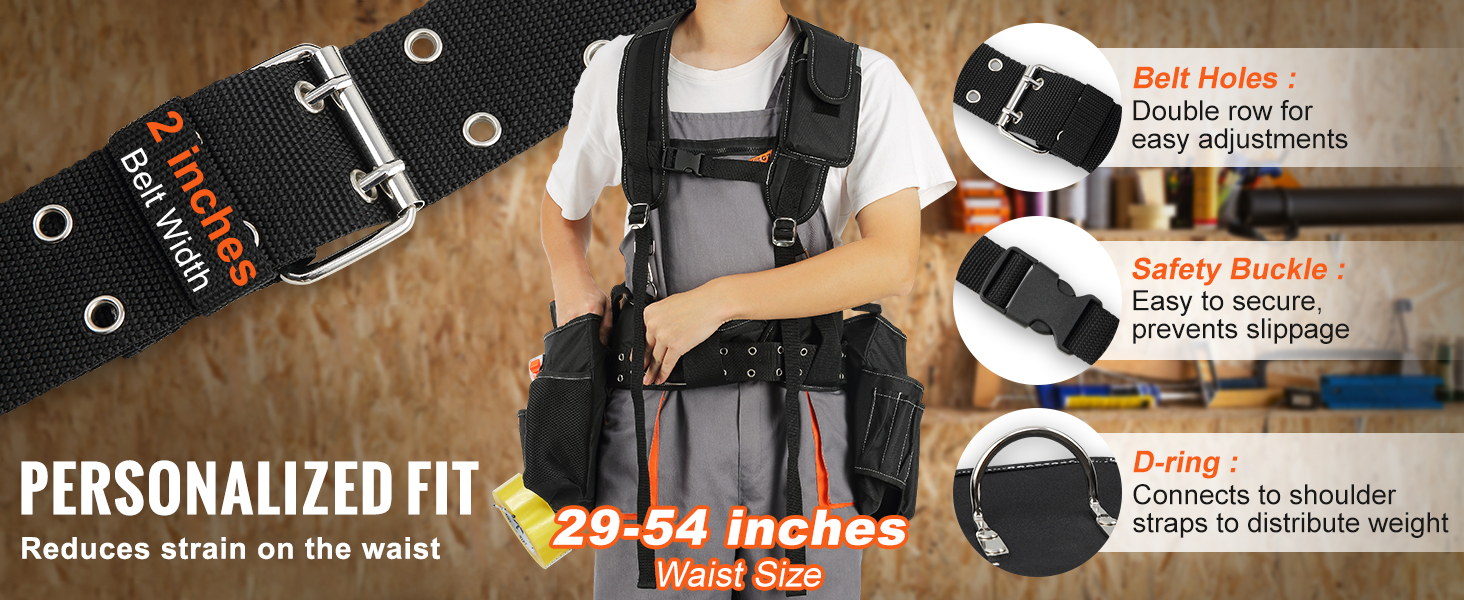 VEVOR tool belt with 2-inch width, safety buckle, belt holes, d-ring, and customizable waist size 29-54 inches.