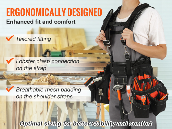 ergonomically designed VEVOR tool belt with tailored fitting, lobster clasp, and breathable mesh padding.
