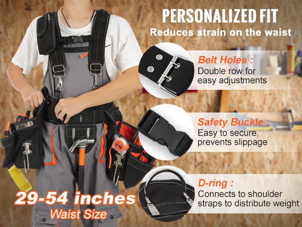VEVOR tool belt with adjustable fit, safety buckle, and d-ring. waist size: 29-54 inches.