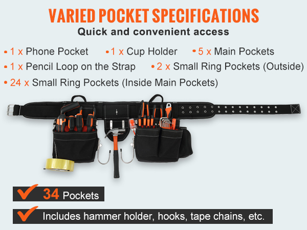 VEVOR tool belt with 34 pockets, quick access, and ample storage for tools, including hammer holder.