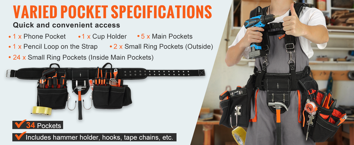 VEVOR tool belt with 34 pockets, quick access, and ample storage for tools, including hammer holder.