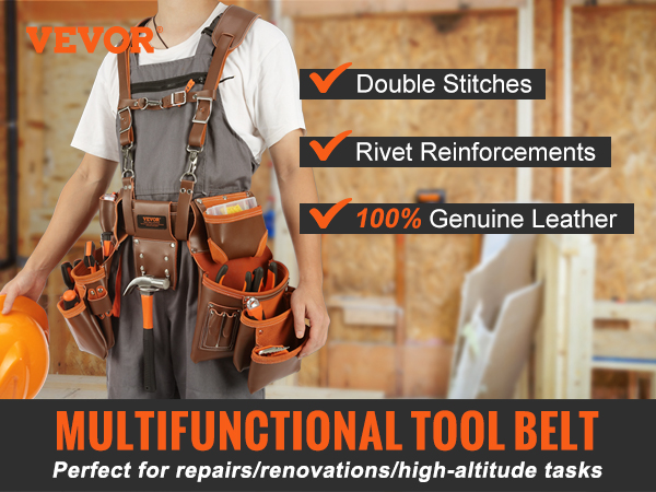 VEVOR leather tool belt with multiple pockets, double stitches, and rivet reinforcements for durability.