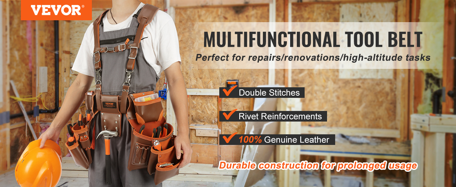 VEVOR leather tool belt with multiple pockets, double stitches, and rivet reinforcements for durability.