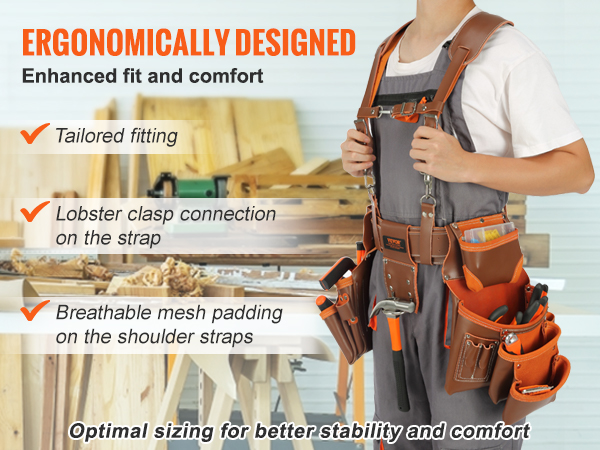 ergonomically designed VEVOR leather tool belt with tailored fitting, lobster clasp, and breathable padding.