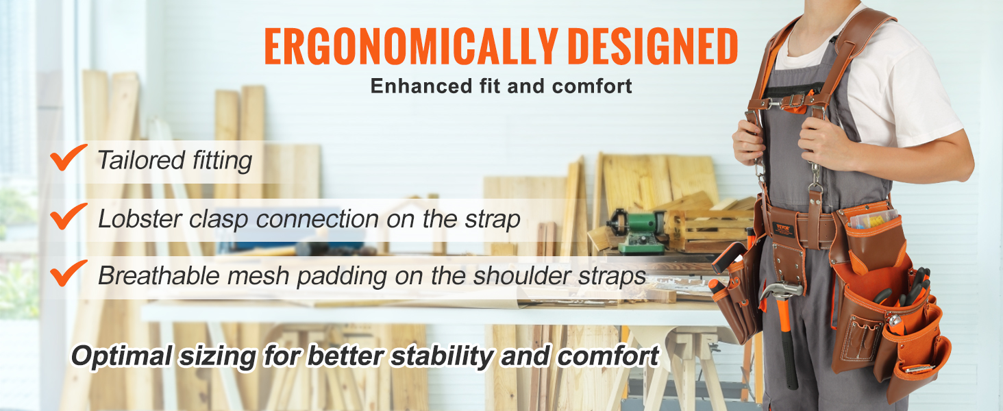 ergonomically designed VEVOR leather tool belt with tailored fitting, lobster clasp, and breathable padding.
