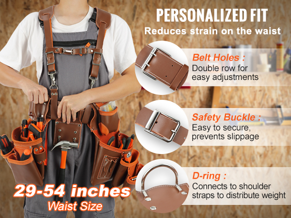 VEVOR leather tool belt with adjustable waist size from 29-54 inches, safety buckle, and d-ring for comfort.