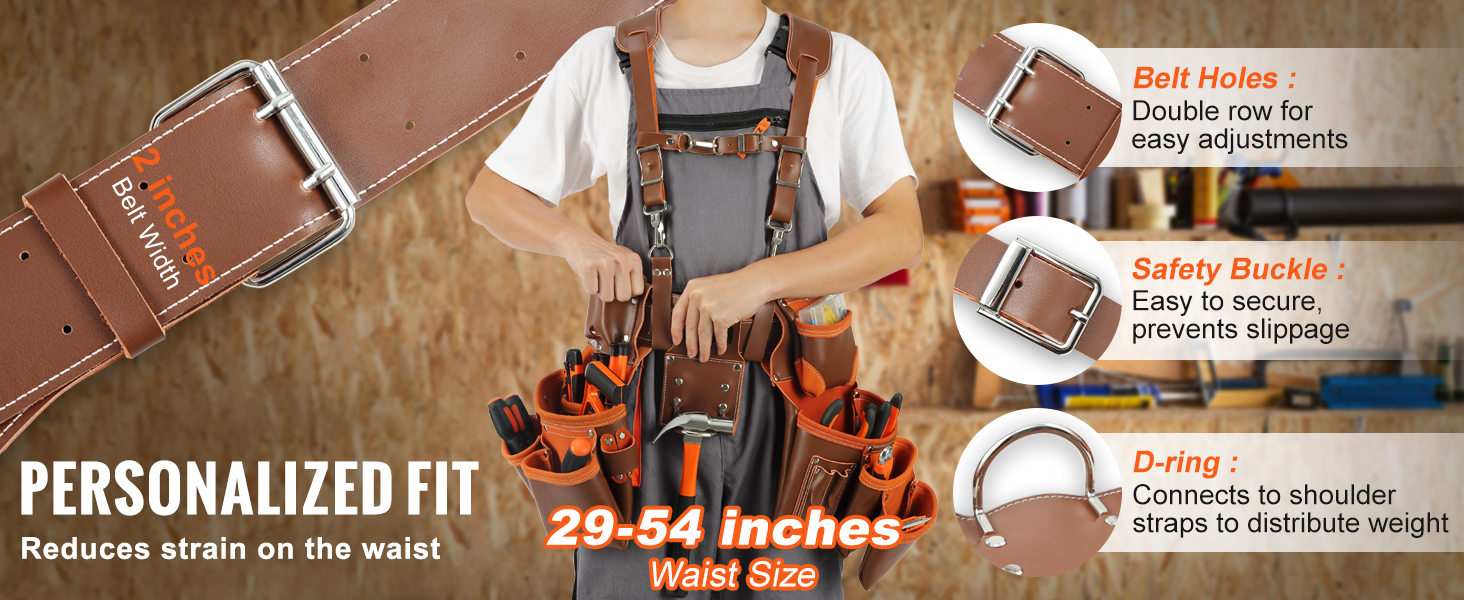 VEVOR leather tool belt with adjustable waist size from 29-54 inches, safety buckle, and d-ring for comfort.