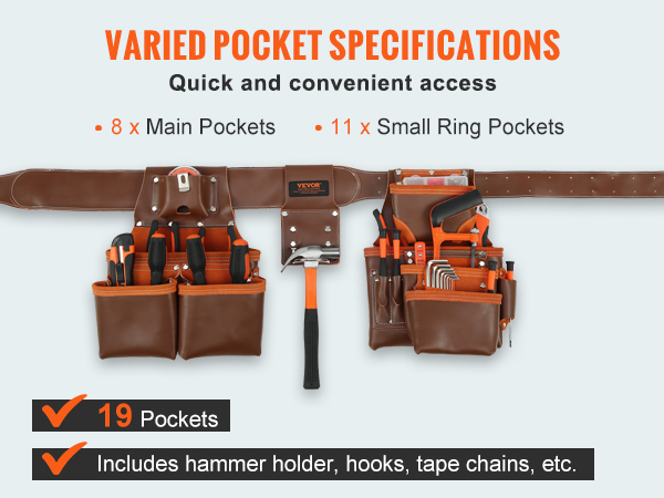 VEVOR leather tool belt with 19 pockets for easy access, ideal for holding tools and accessories.