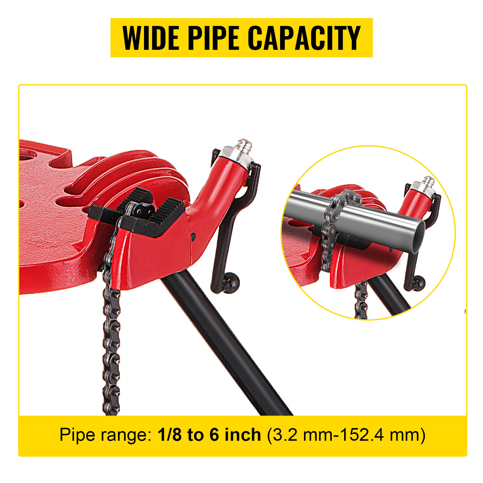VEVOR tripod pipe vise showcasing wide pipe capacity from 1/8 to 6 inch.