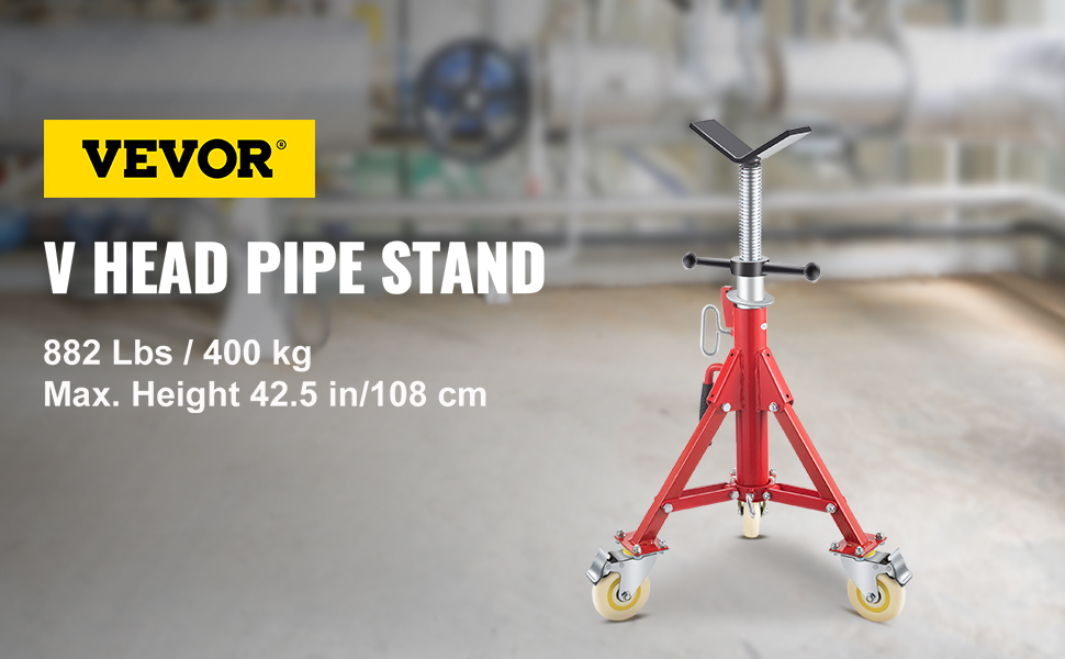 VEVOR pipe stand red with wheels for heavy pipes, max height 42.5 in/108 cm.