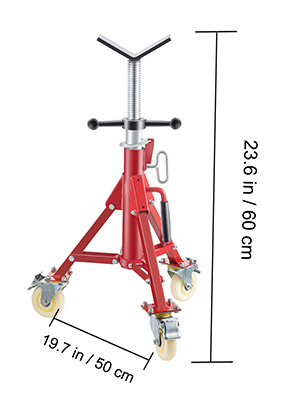 red VEVOR pipe stand with caster wheels, 23.6 in height, 19.7 in base width.