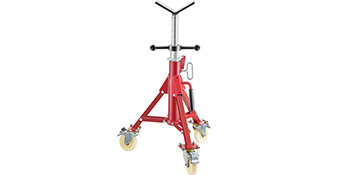 red VEVOR pipe stand with casters and an adjustable base.
