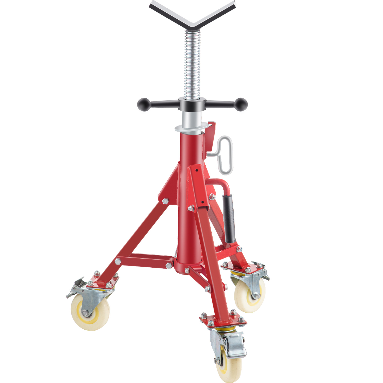 red adjustable VEVOR pipe stand with caster wheels and v-shaped top.