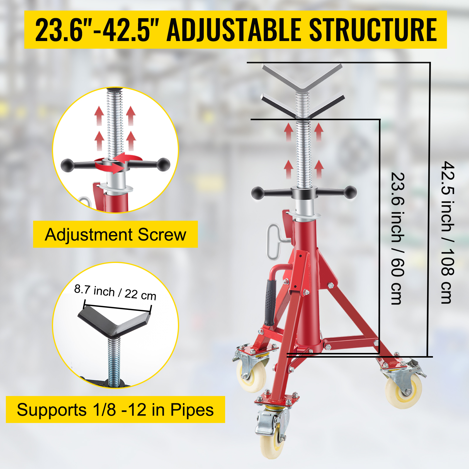 VEVOR pipe stand with 23.6"-42.5" adjustable height, supporting 1/8"-12" pipes.