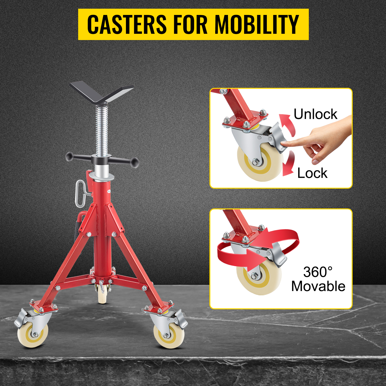 VEVOR pipe stand with lockable casters for 360-degree mobility.