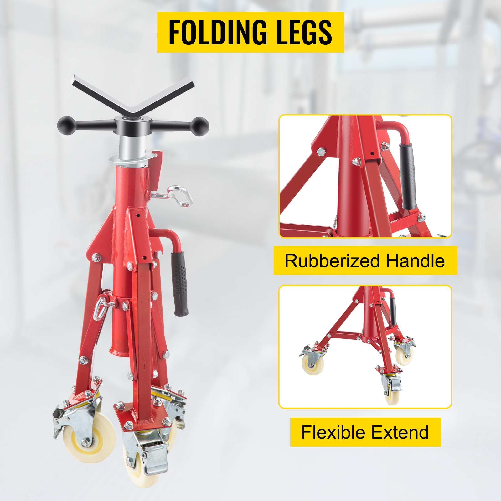 VEVOR pipe stand with folding legs, rubberized handle, and flexible extending wheels.