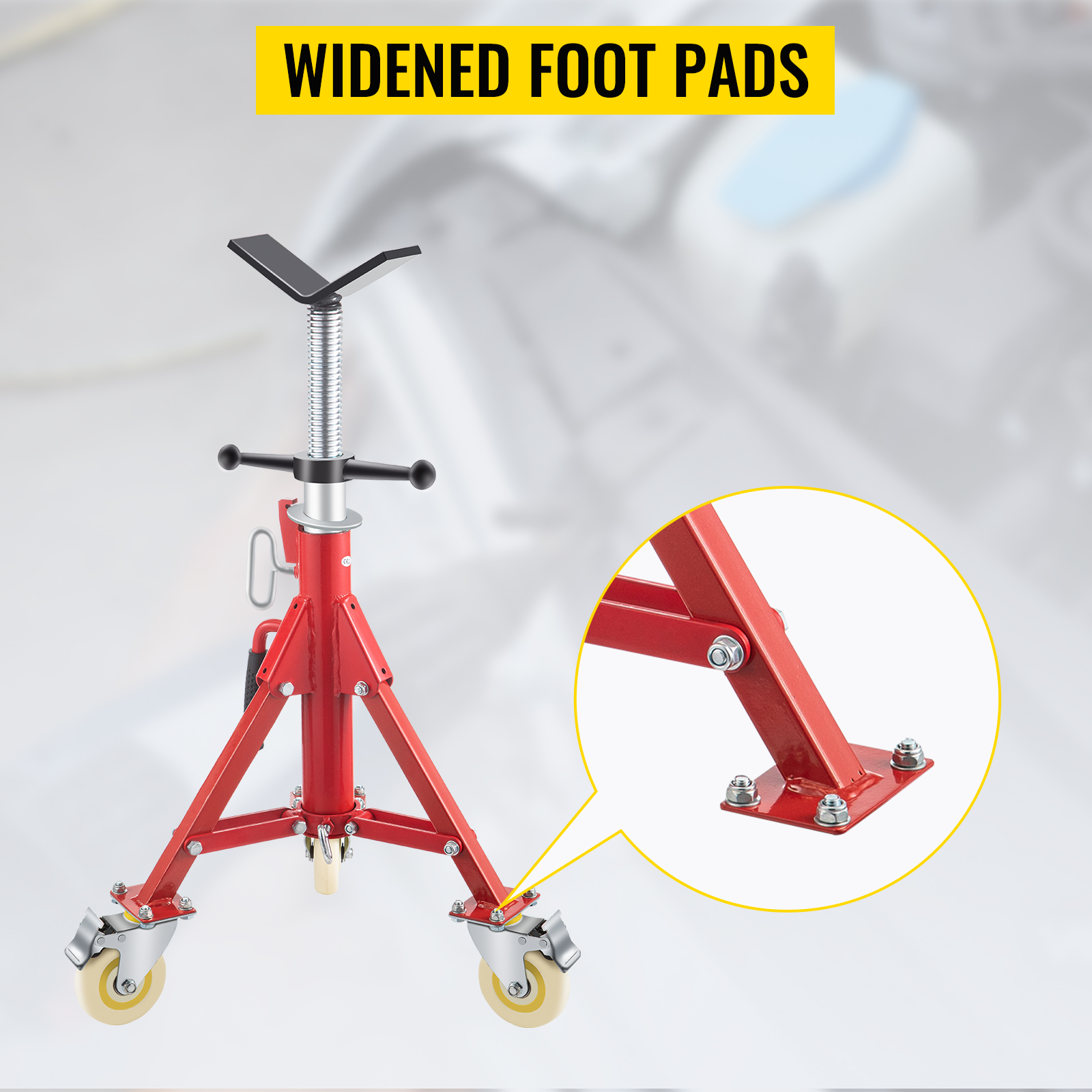 VEVOR pipe stand with widened foot pads, red frame, and lockable wheels.