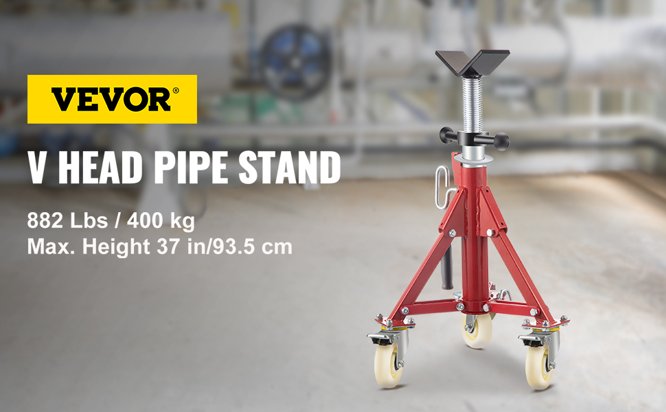 VEVOR pipe stand with v head, 882 lbs capacity, max height 37 in, red base, caster wheels.