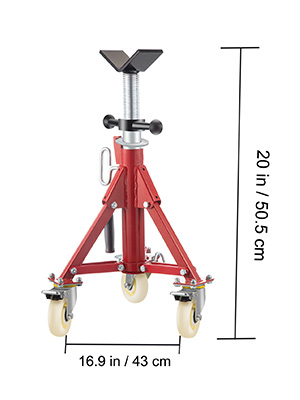 adjustable VEVOR pipe stand with wheels, 20 in height, 16.9 in base width.