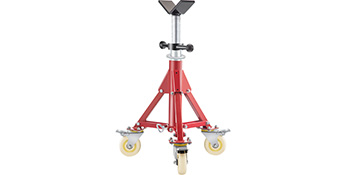 red VEVOR pipe stand with adjustable height and three caster wheels.
