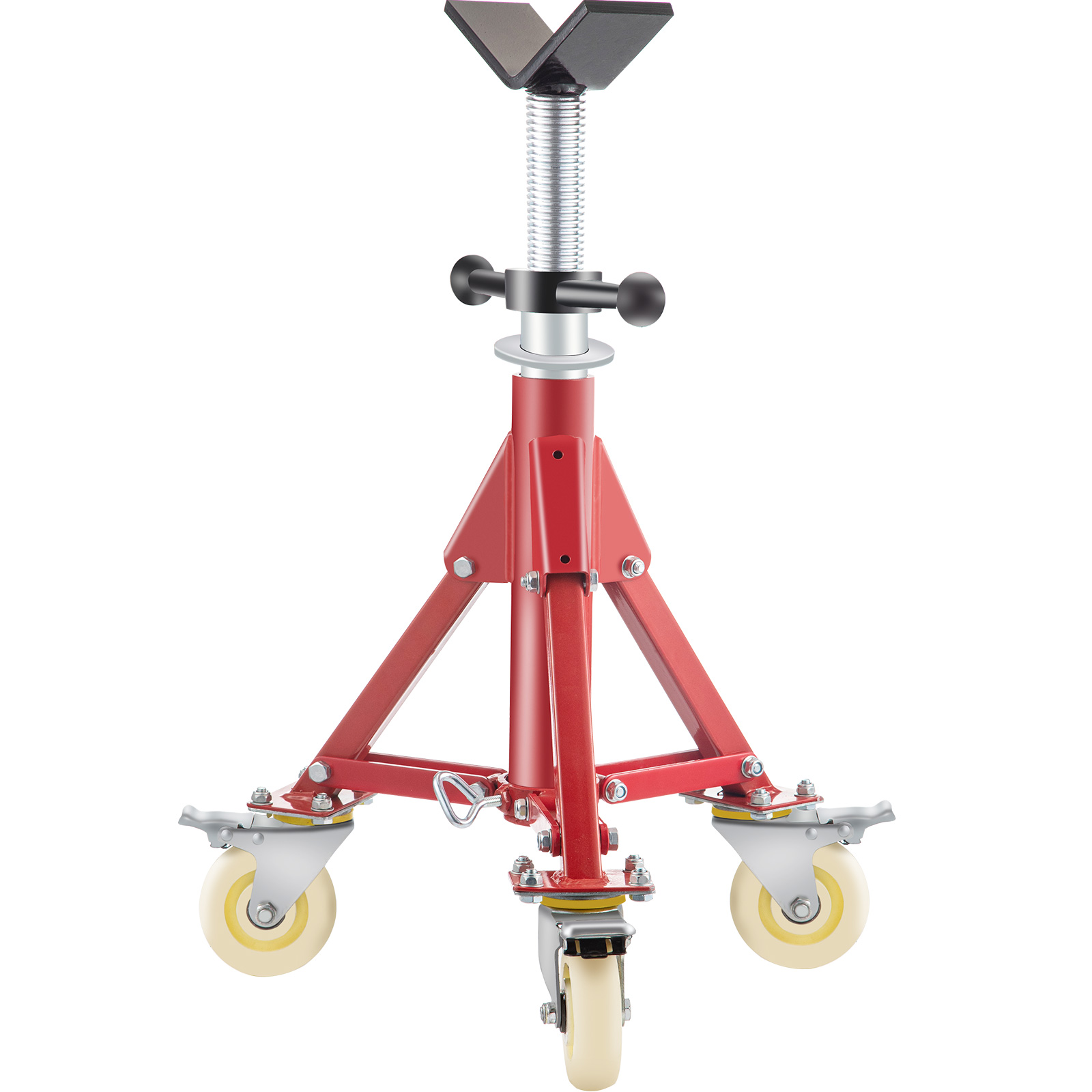 red VEVOR pipe stand with adjustable height and caster wheels for easy mobility.