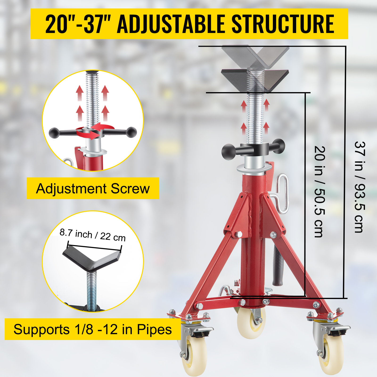 VEVOR pipe stand: adjustable height 20"-37", supports 1/8-12 inch pipes.