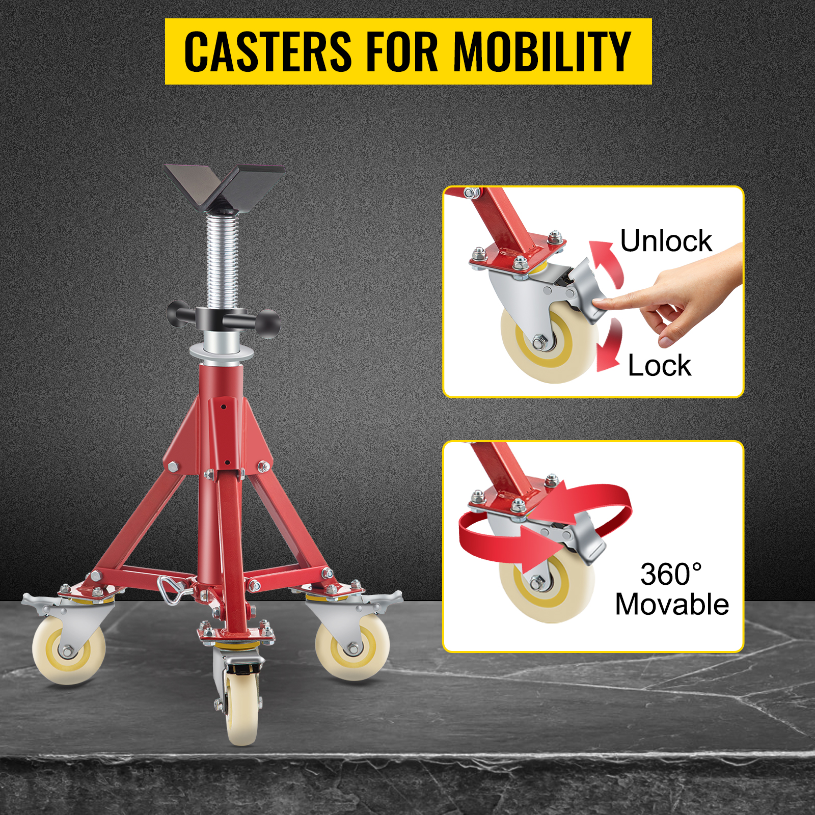 VEVOR pipe stand with casters for mobility, featuring lock and 360° movability.