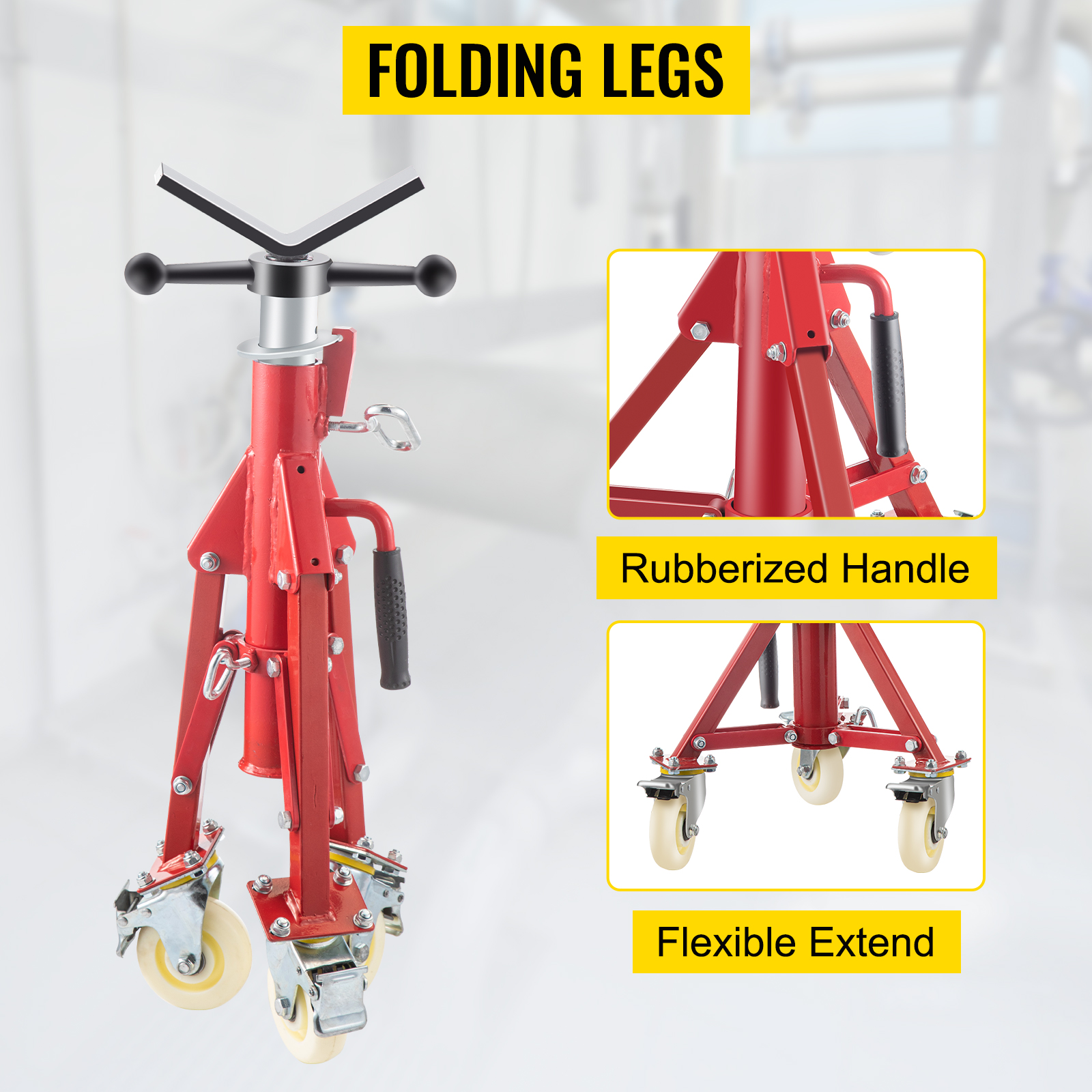 VEVOR pipe stand with folding legs, rubberized handle, and flexible extendable base.