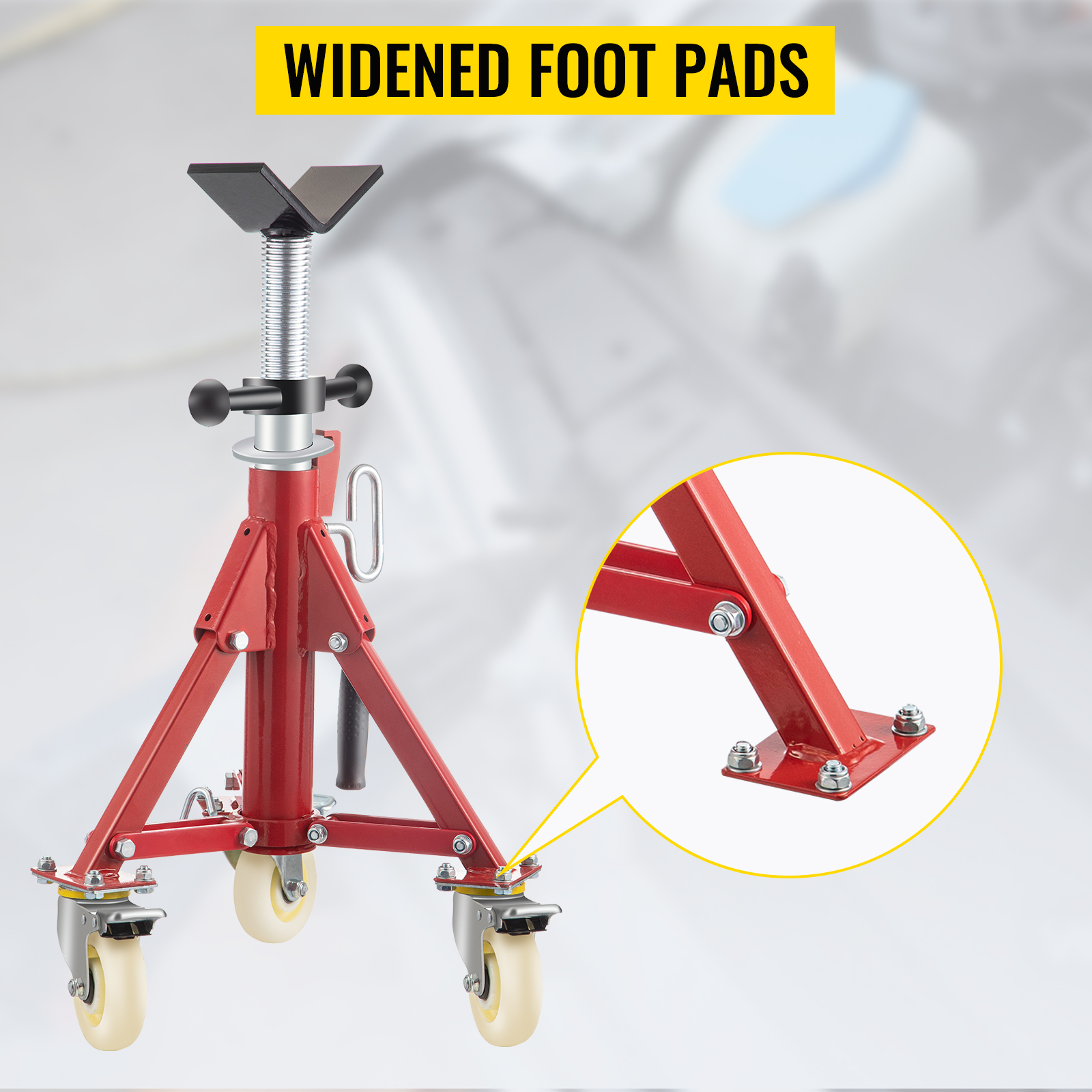 VEVOR pipe stand with widened foot pads and rolling casters for stability and mobility.
