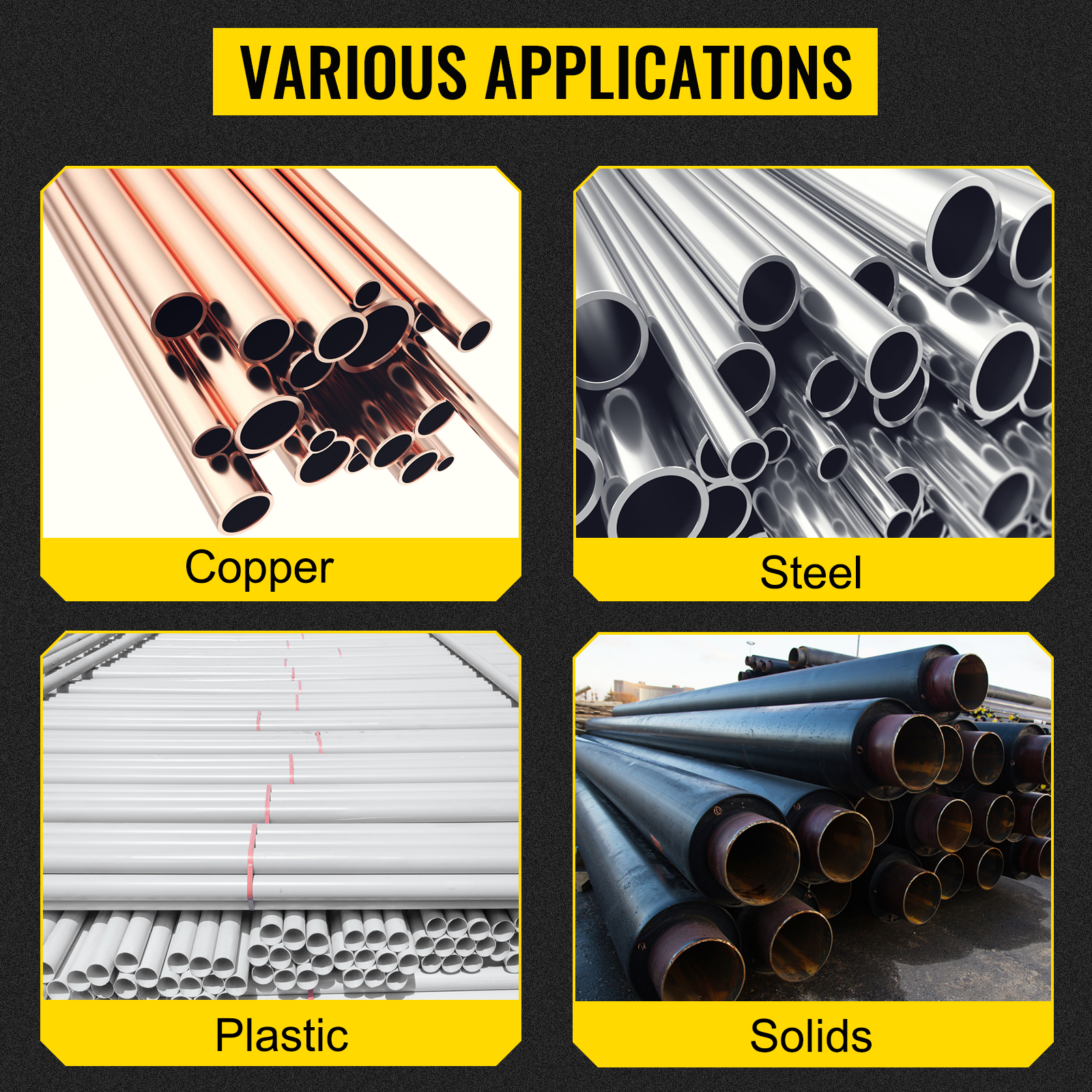 various pipe types: copper, steel, plastic, and solids for VEVOR pipe stand.