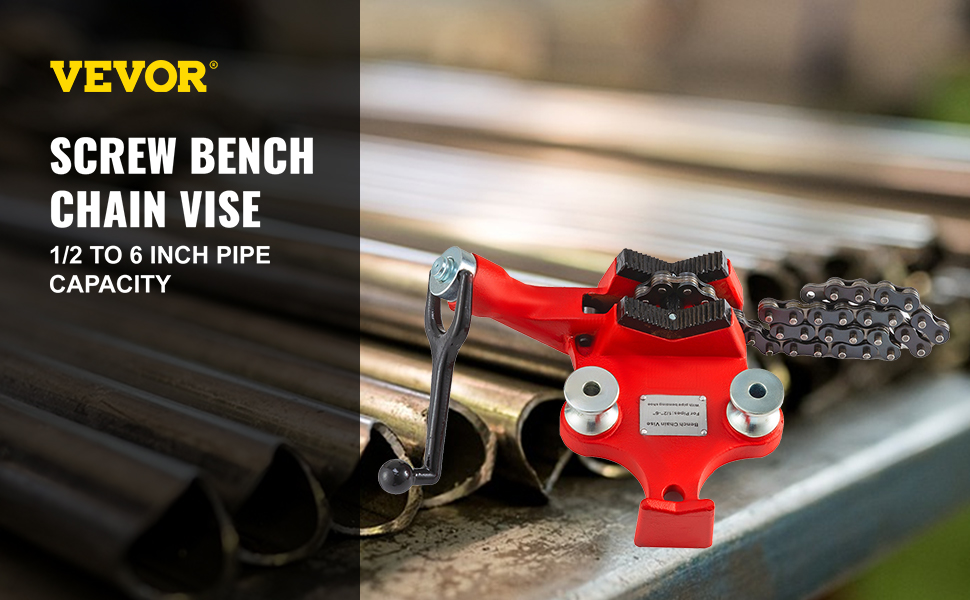 VEVOR bench chain vise in red with 1/2 to 6 inch pipe capacity, background of pipes.