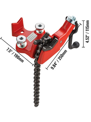 red VEVOR bench chain vise with dimensions labeled: 7.5" x 9.84" x 4.52".