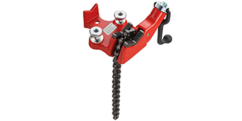 red VEVOR bench chain vise with a black handle and a rugged chain clamp.