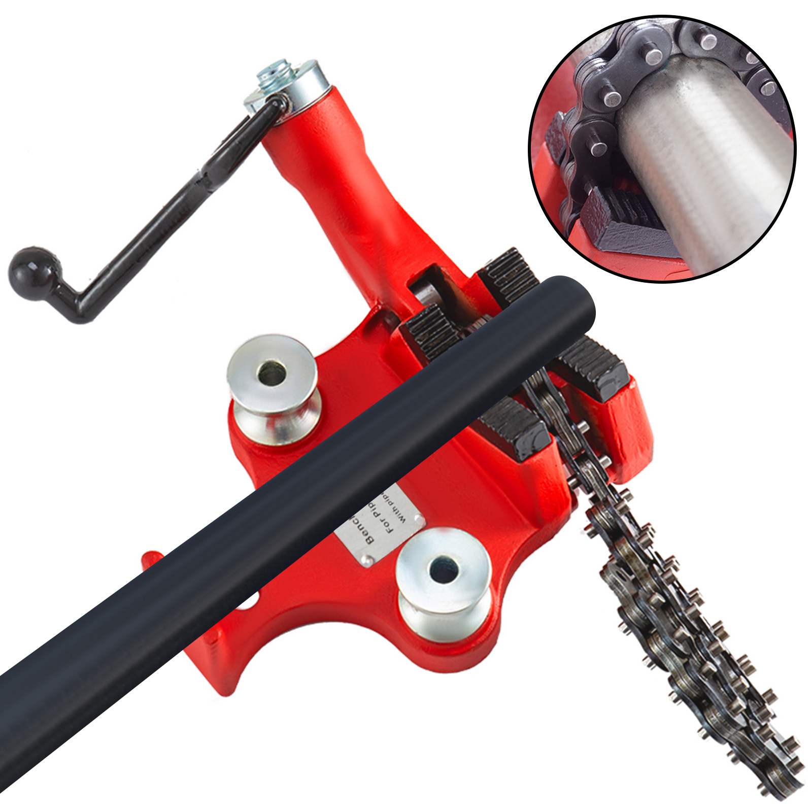 VEVOR bench chain vise gripping a metal pipe with a black handle for tightening.