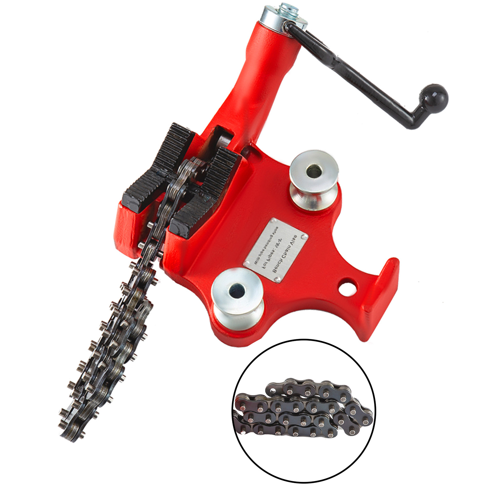 red VEVOR bench chain vise with crank handle and metal chain insert.