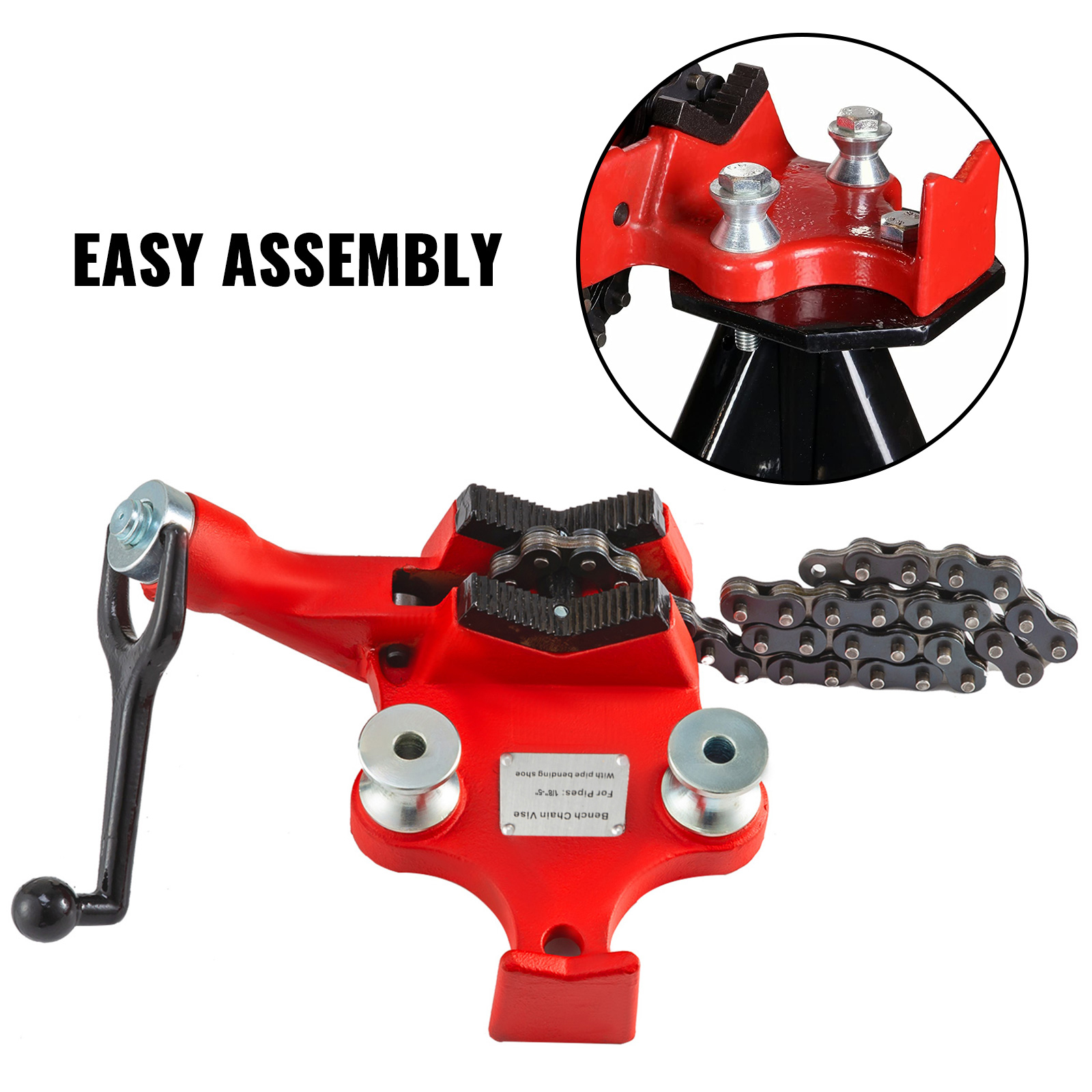 VEVOR bench chain vise with easy assembly, featuring a sturdy red base and chain clamp.