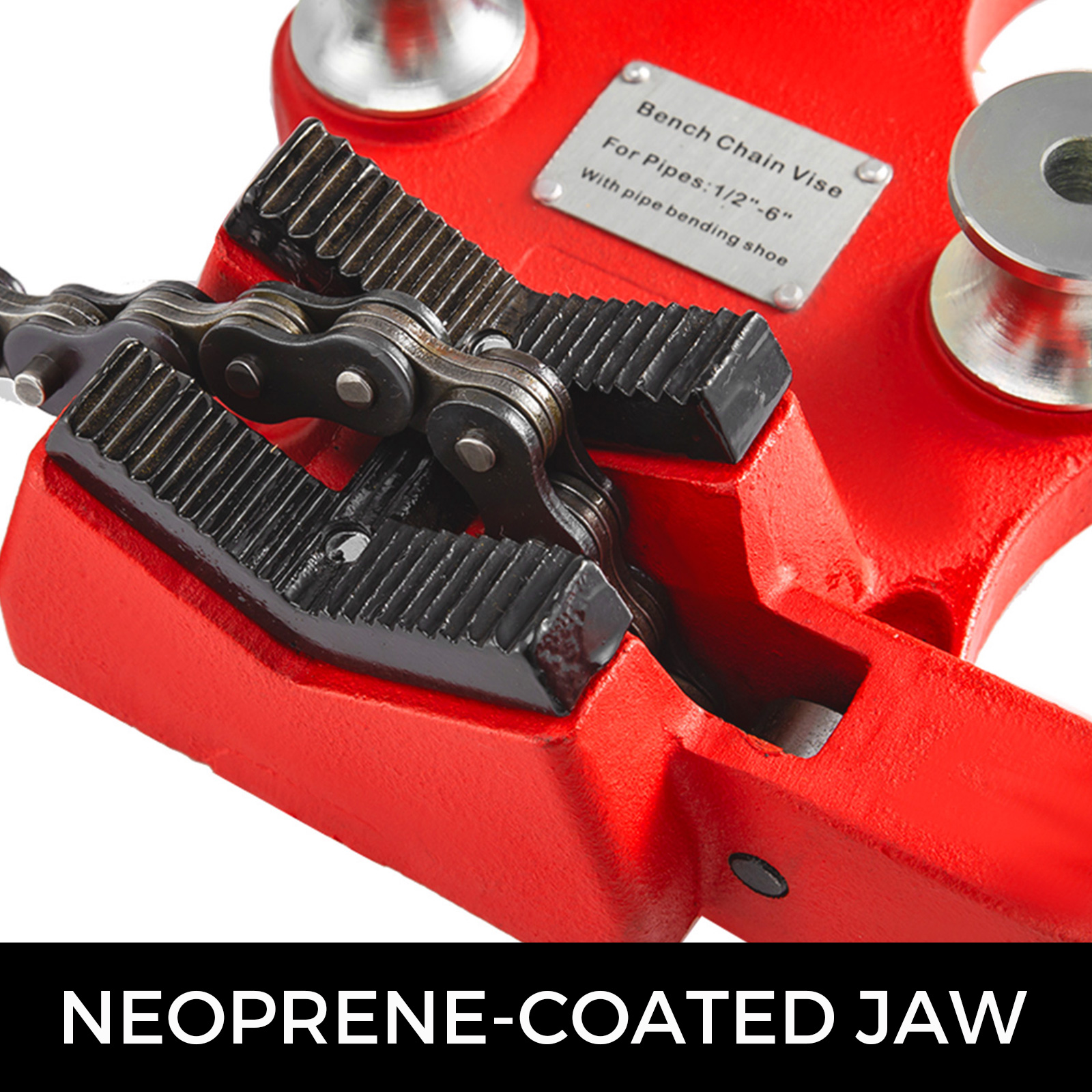 VEVOR bench chain vise with neoprene-coated jaw for pipe bending.