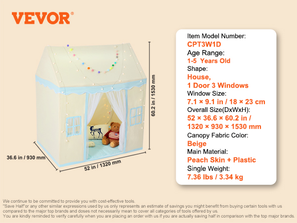 beige VEVOR kids play tent with 1 door, 3 windows, and string lights, for 1-5 years old children.