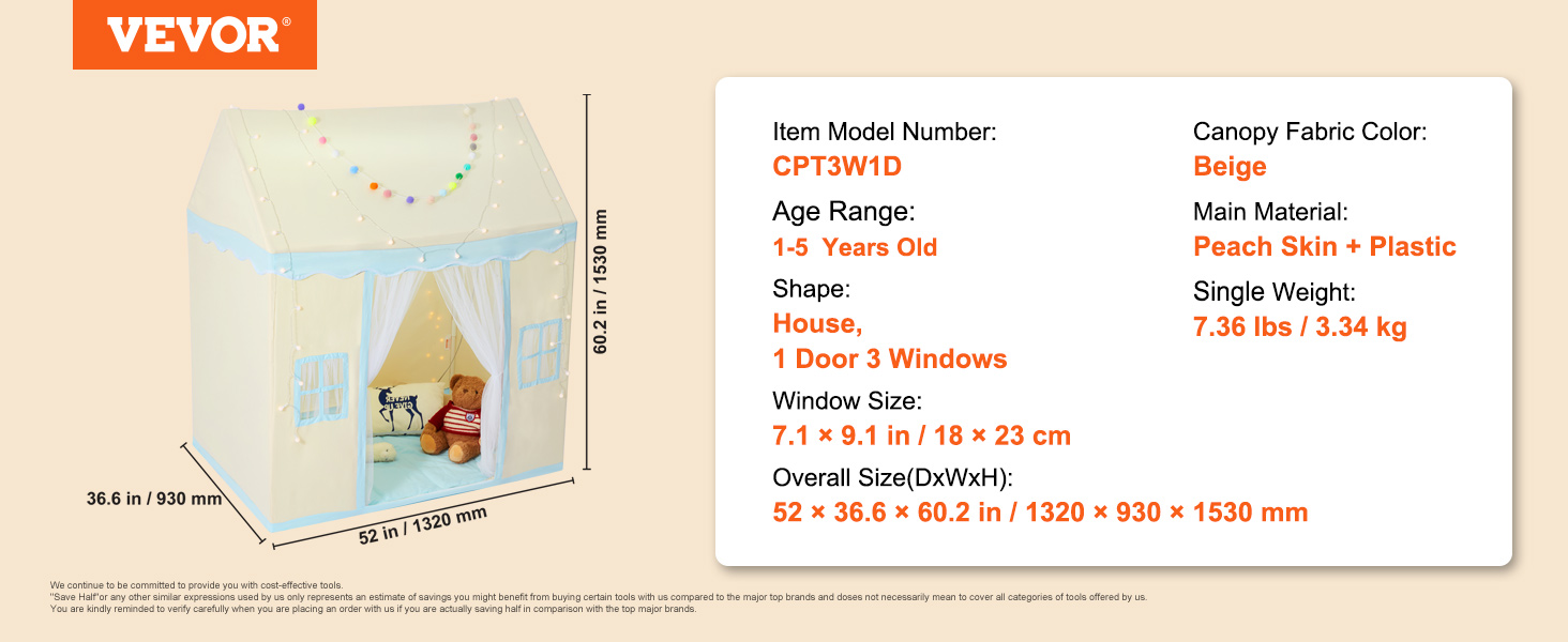 beige VEVOR kids play tent with 1 door, 3 windows, and string lights, for 1-5 years old children.