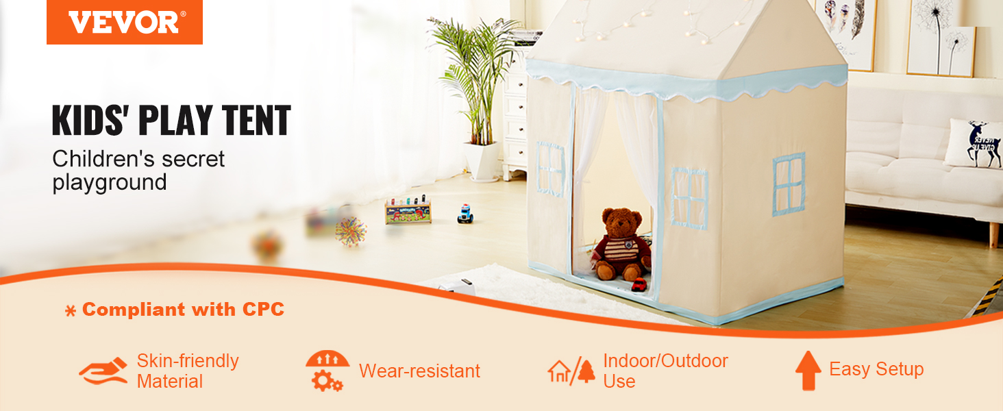 VEVOR kids play tent in a living room, featuring a teddy bear, plants, and toys. compliant with cpc.