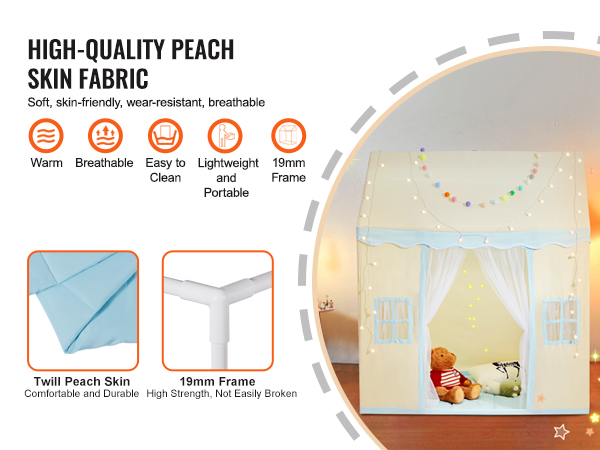 VEVOR kids play tent with peach skin fabric, sturdy 19mm frame, and decorative lights inside a cozy room.