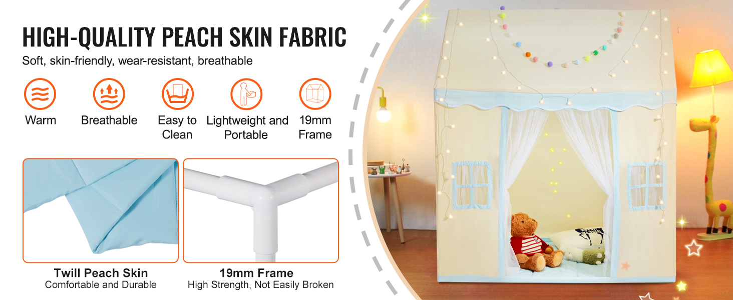 VEVOR kids play tent with peach skin fabric, sturdy 19mm frame, and decorative lights inside a cozy room.