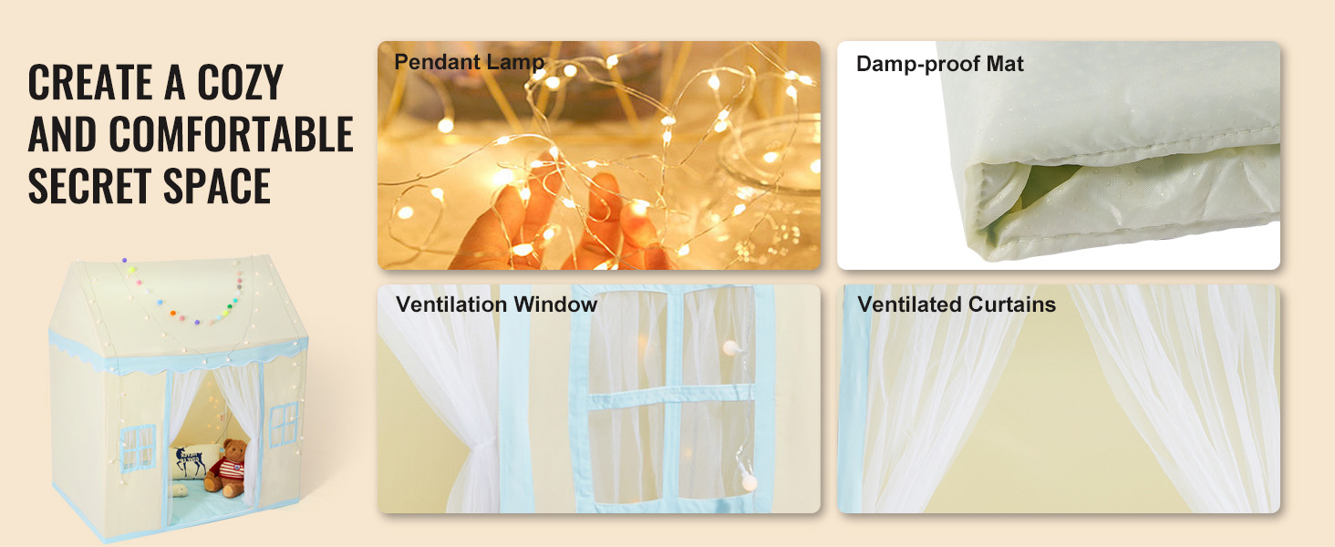 VEVOR kids play tent with pendant lamp, damp-proof mat, ventilation window, and ventilated curtains.