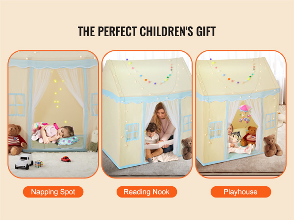 VEVOR kids play tent, ideal for napping, reading, and playhouse fun, decorated with toys and lights.