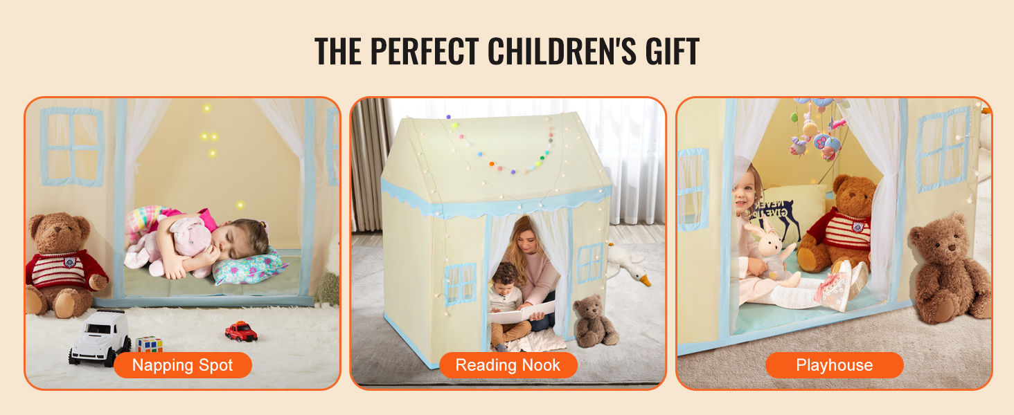 VEVOR kids play tent, ideal for napping, reading, and playhouse fun, decorated with toys and lights.